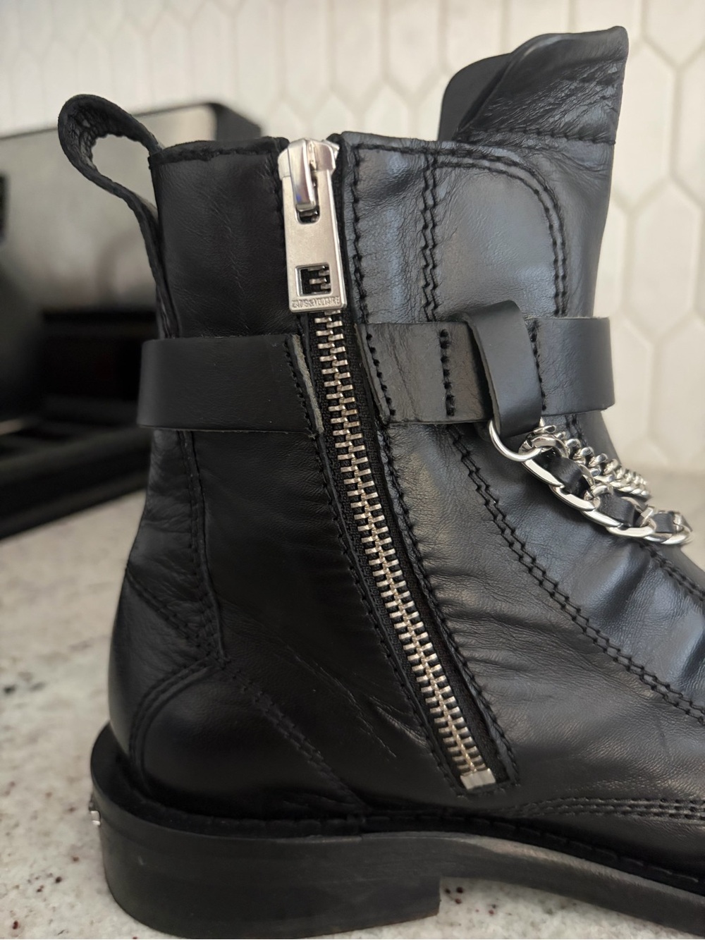 NWOT Zadig & Voltaire Black Leather Ankle Combat Moto Boots - Picture 5 of 8